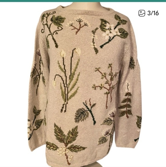 Coldwater Creek Linen Blend Embroidered Plants Leaves Beige Sweater Large - Picture 3 of 7